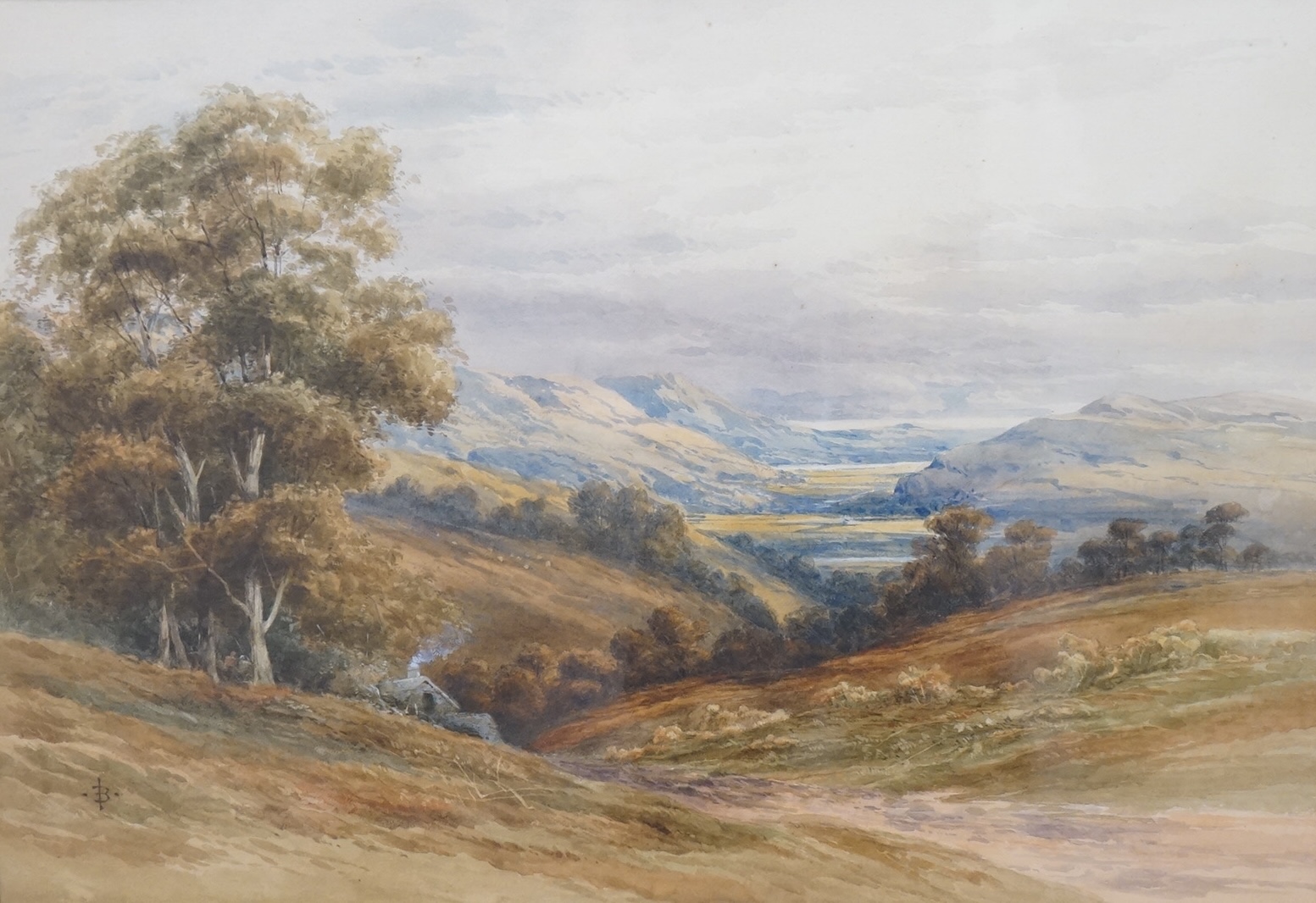 J B, monogrammist, Panoramic mountainous landscape with cottage, watercolour, 51 x 72cm, gilt framed